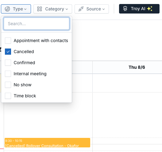 Calendar showing a cancelled synced meeting after enabling the Cancelled filter