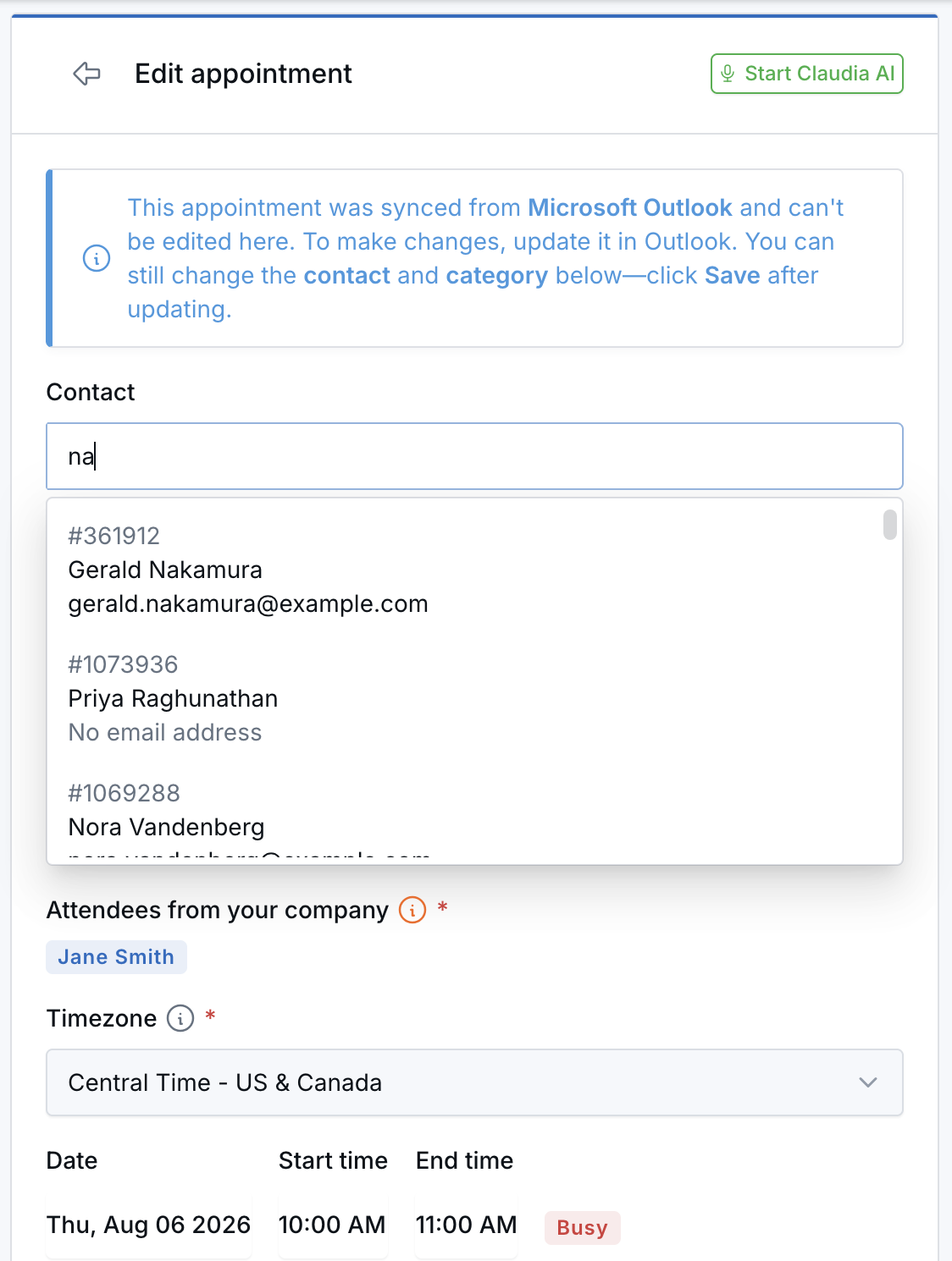 Synced meeting with a fictional contact selected in the Contact field