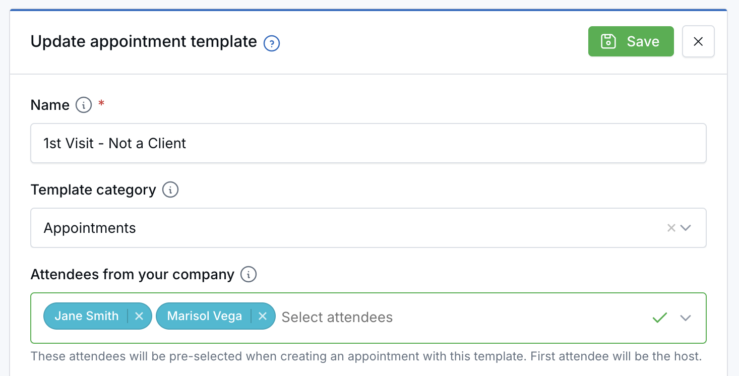 Appointment template with two company attendees ordered with the host first