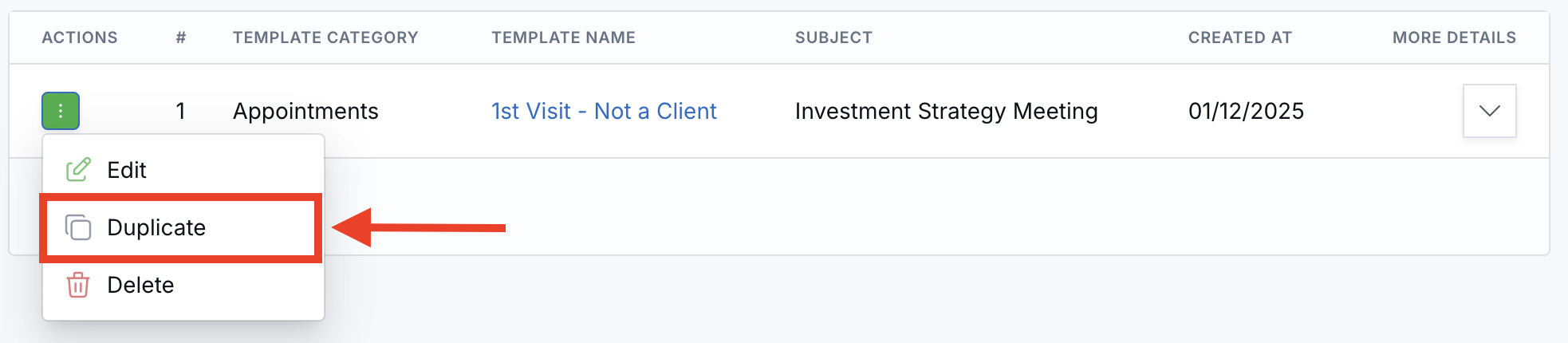 Appointment template Actions menu with Duplicate selected
