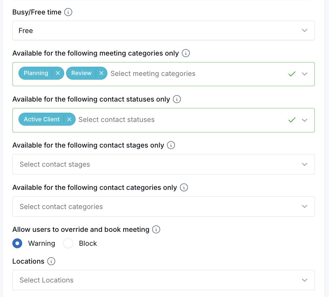 Free time block with meeting category and contact status restrictions