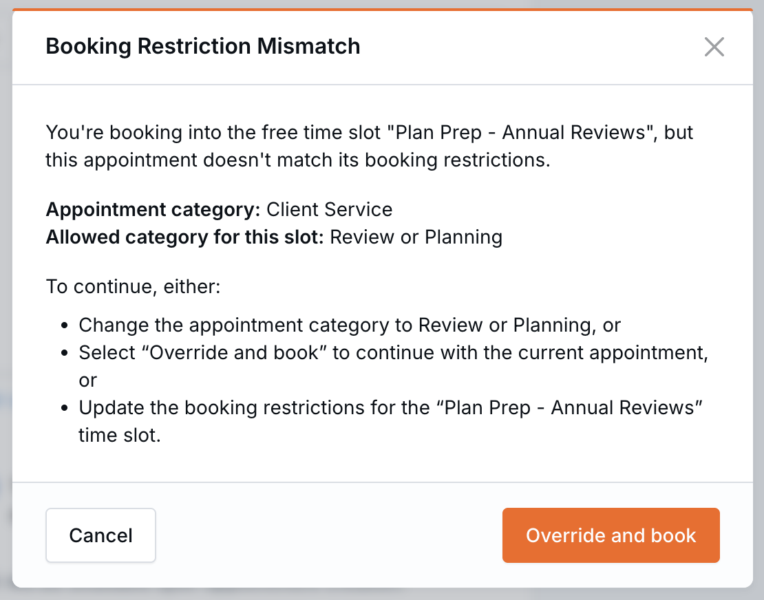 Booking Restriction Mismatch window explaining a category mismatch with an override option