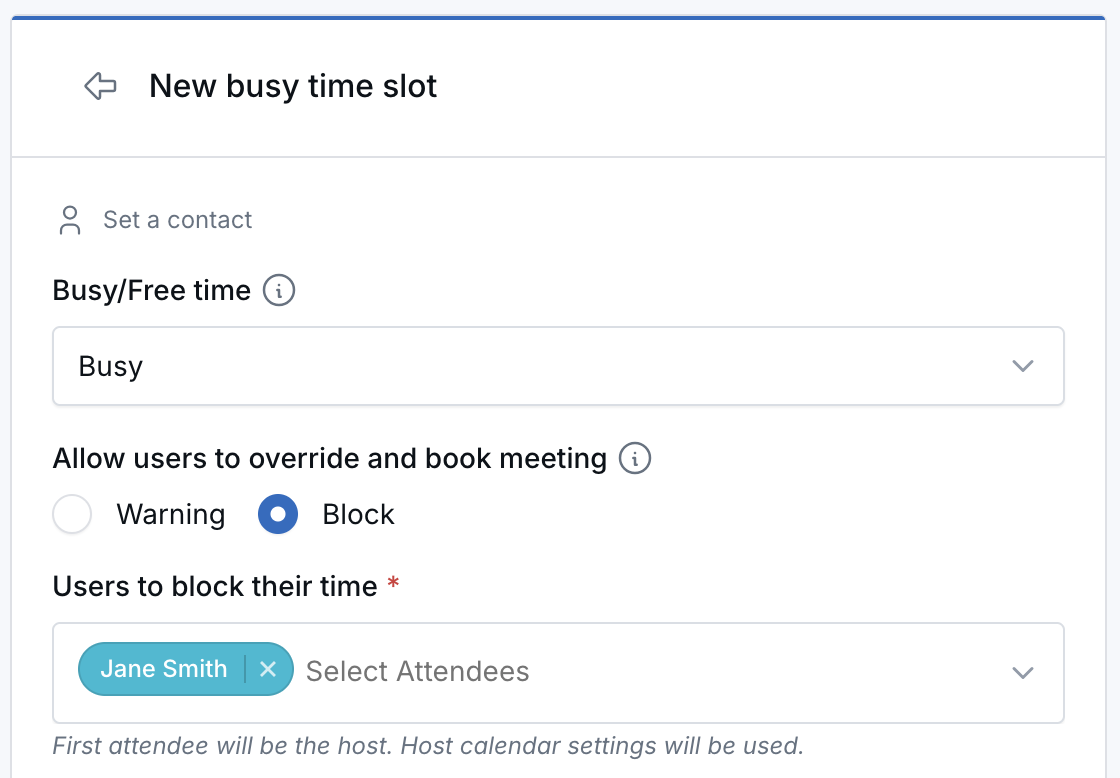 Busy time block showing the Warning and Block override options