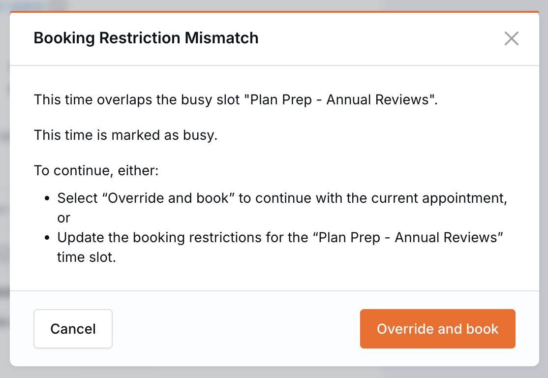 Warning shown when an appointment overlaps a Busy time block