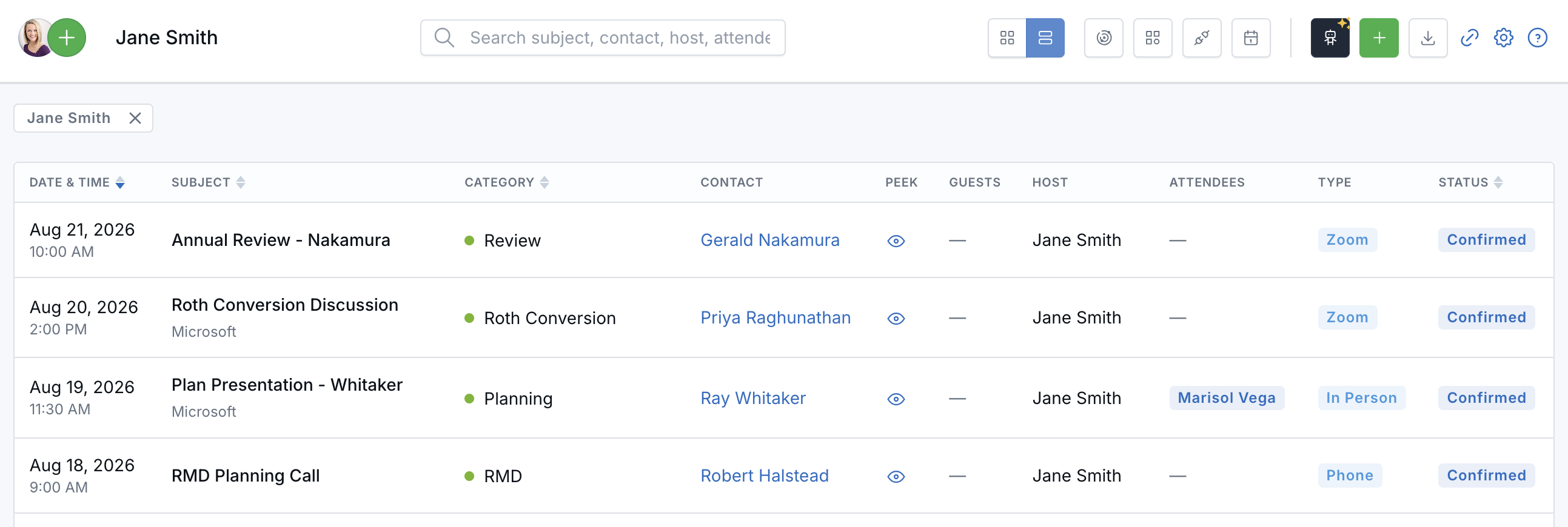 Appointments List view showing scheduled meetings with date, subject, category, contact, host and type