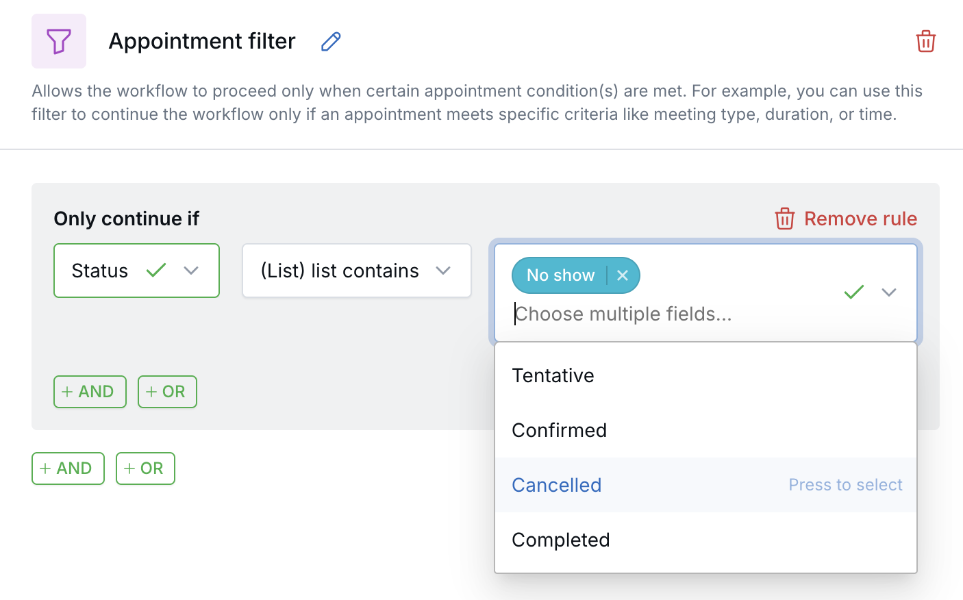 Appointment filter with a Status rule set to No show