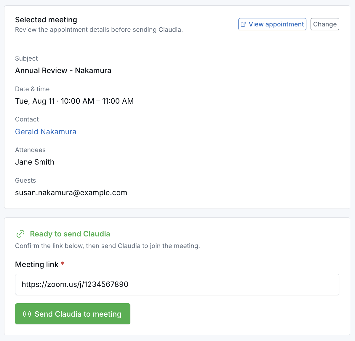 Selected meeting details with the meeting link confirmed and Claudia ready to send