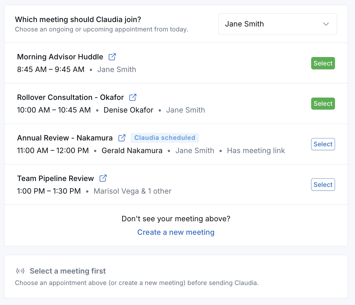 Today's appointments listed for Claudia to join, showing meeting link and scheduled status
