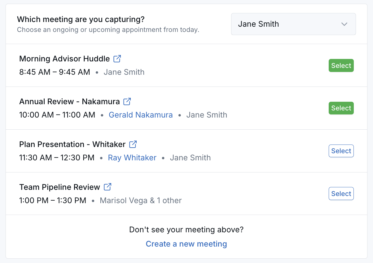 Today's appointments listed on the in person capture page ready to select