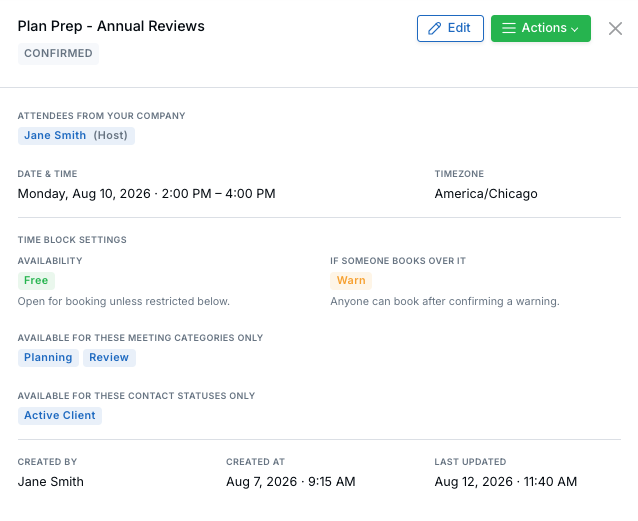 Time block details panel showing availability, booking behavior and configured restrictions