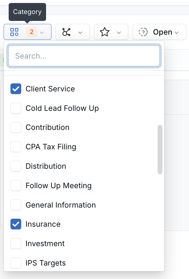 Category filter open on the Tasks page with Client Service and Insurance selected and a count badge showing 2