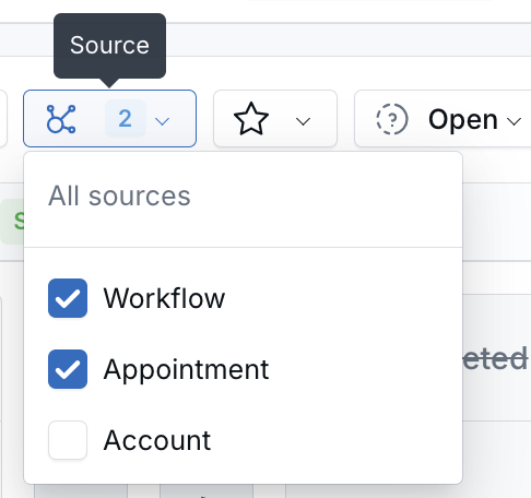Source filter open on the Tasks page with Workflow and Appointment selected