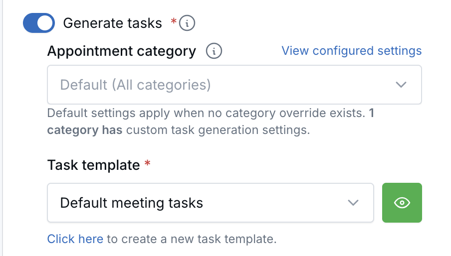 Generate tasks enabled on a calendar with an appointment category override and a selected task template