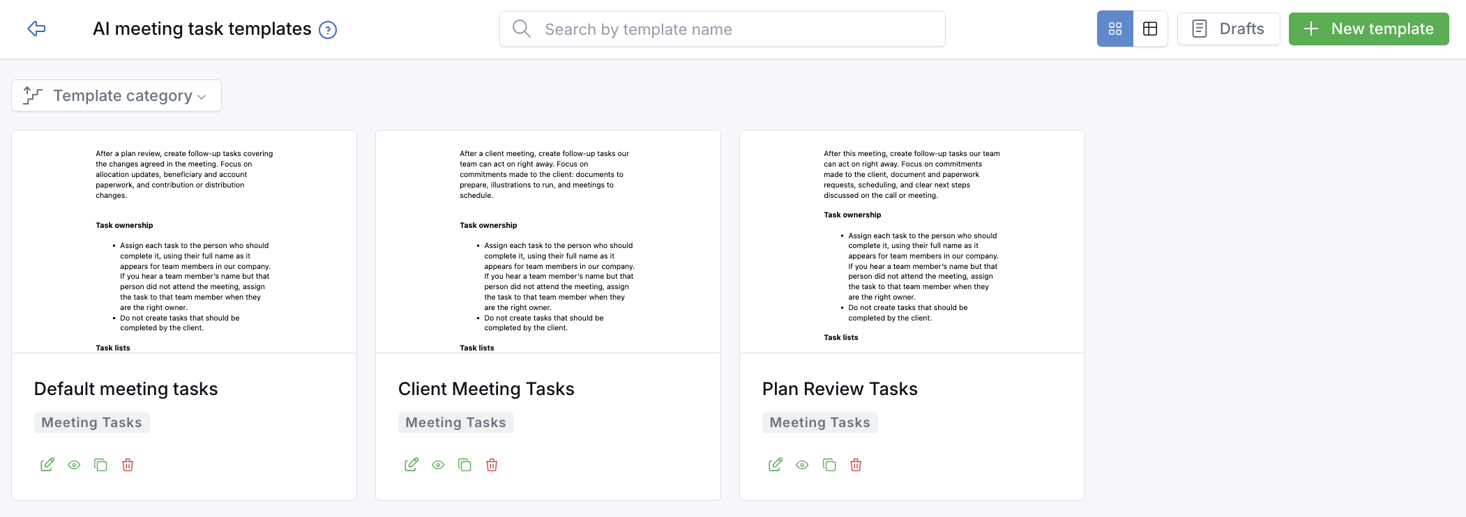 AI meeting task templates page showing three templates: Default meeting tasks, Client Meeting Tasks, and Plan Review Tasks