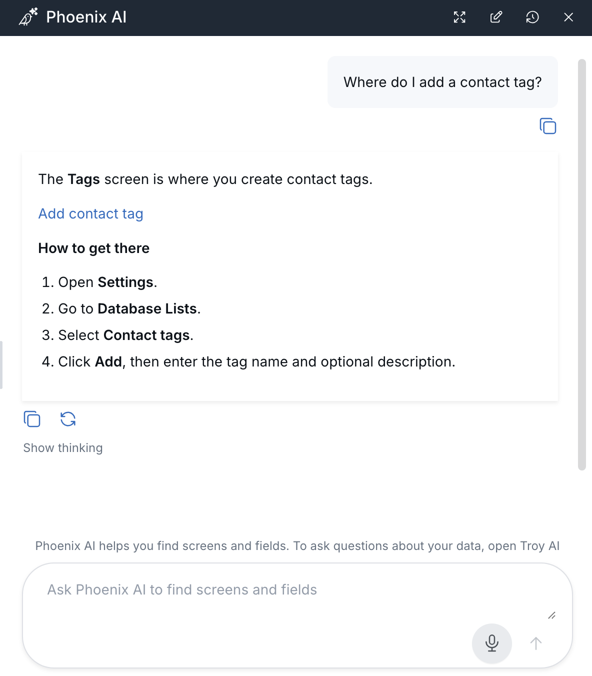 Phoenix AI panel answering a question about contact tags with a direct link and a numbered path