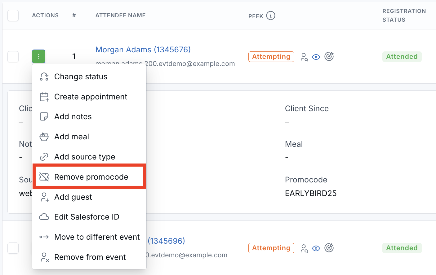 Event attendee Actions menu showing the Remove promocode option