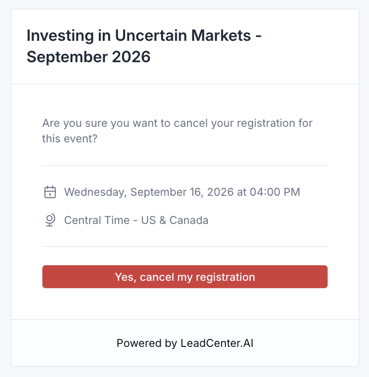 Event cancellation confirmation page showing the event name, date, timezone, and a Yes, cancel my registration button