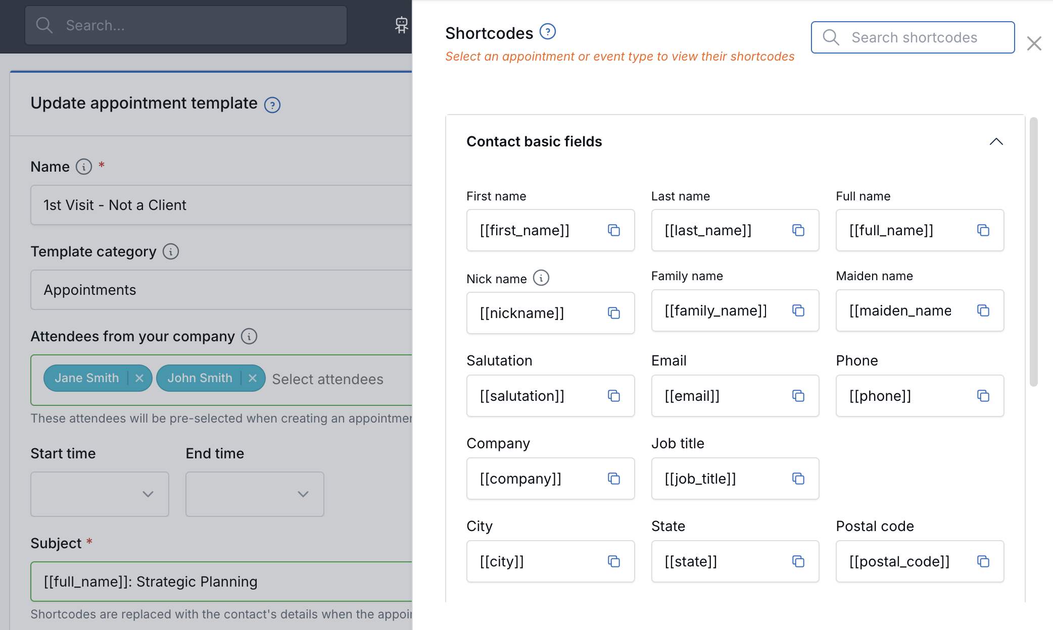 Appointment template with a shortcode in the Subject field and the Shortcodes panel open
