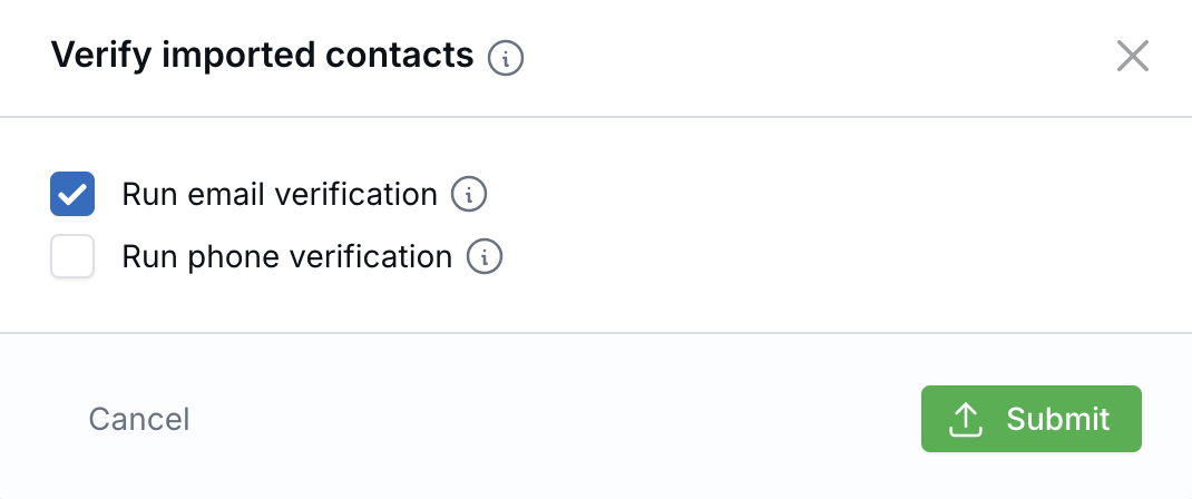 Verify imported contacts window with Run email verification selected and Run phone verification cleared