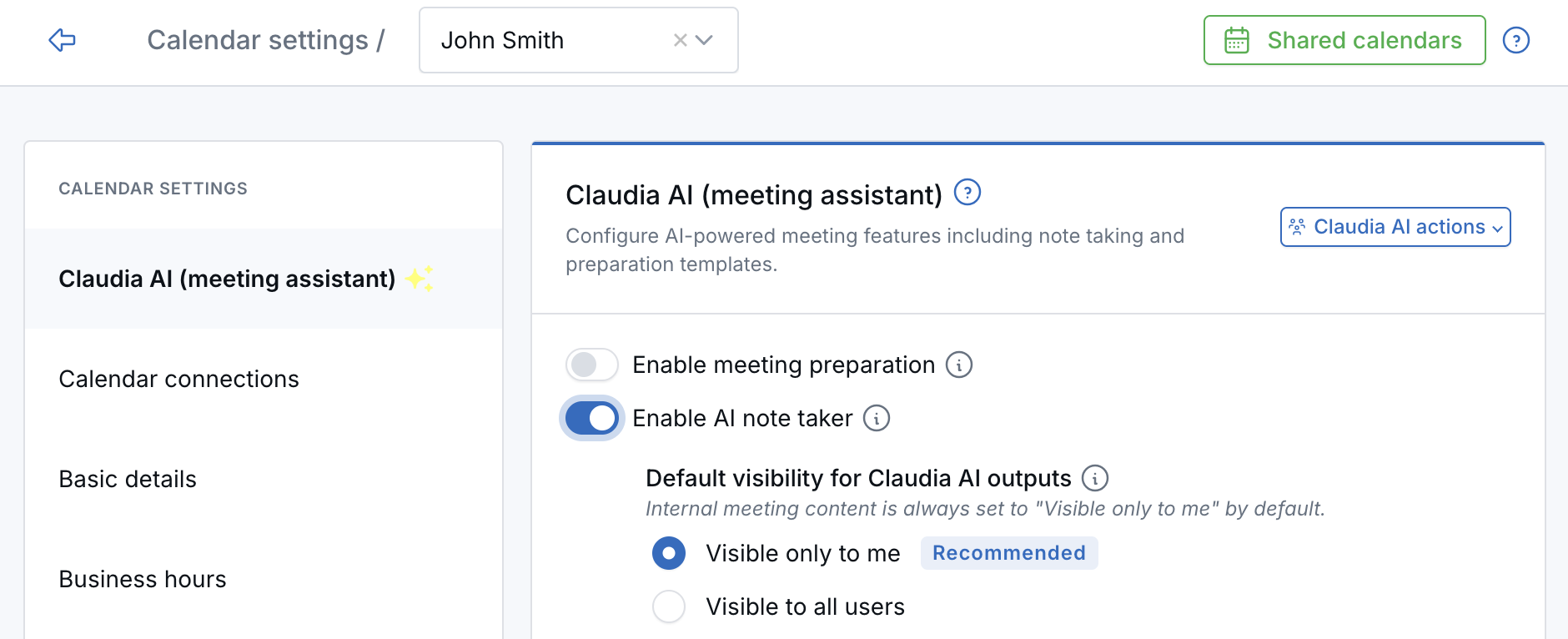 Claudia AI meeting assistant settings open on another user's calendar with the AI note taker enabled