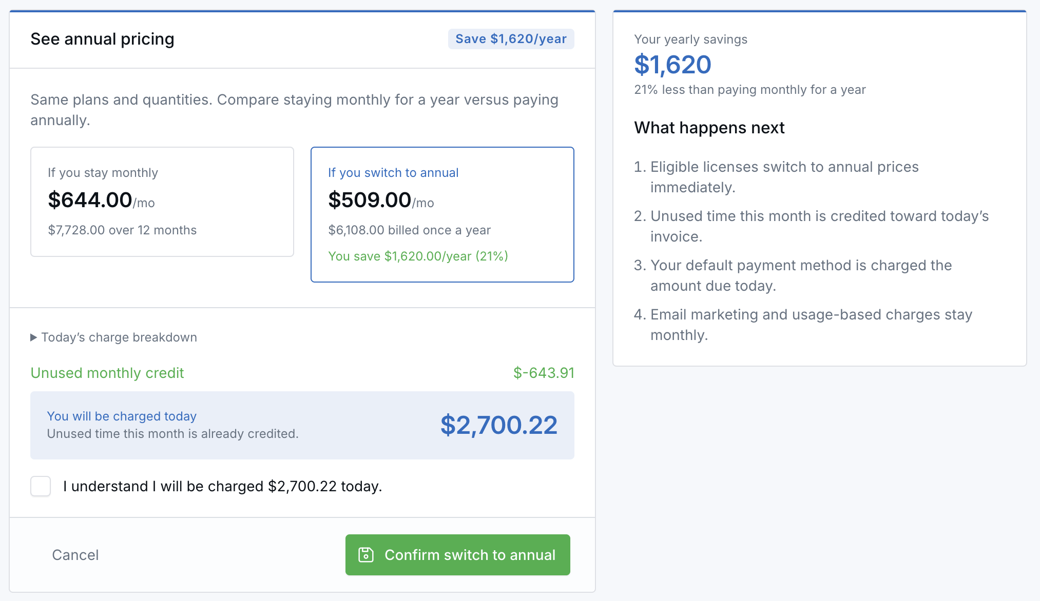 Annual pricing preview comparing monthly and annual costs, with the unused monthly credit and the amount charged today