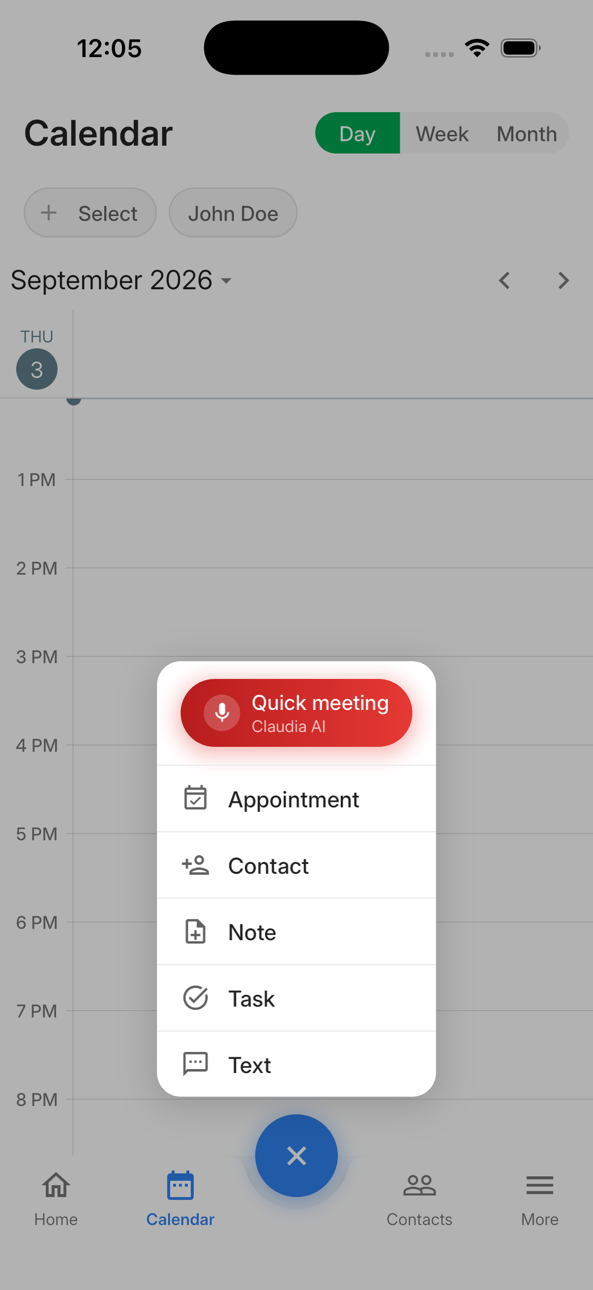 LeadCenter mobile app plus menu showing Appointment, Contact, Note, Task, and Text options