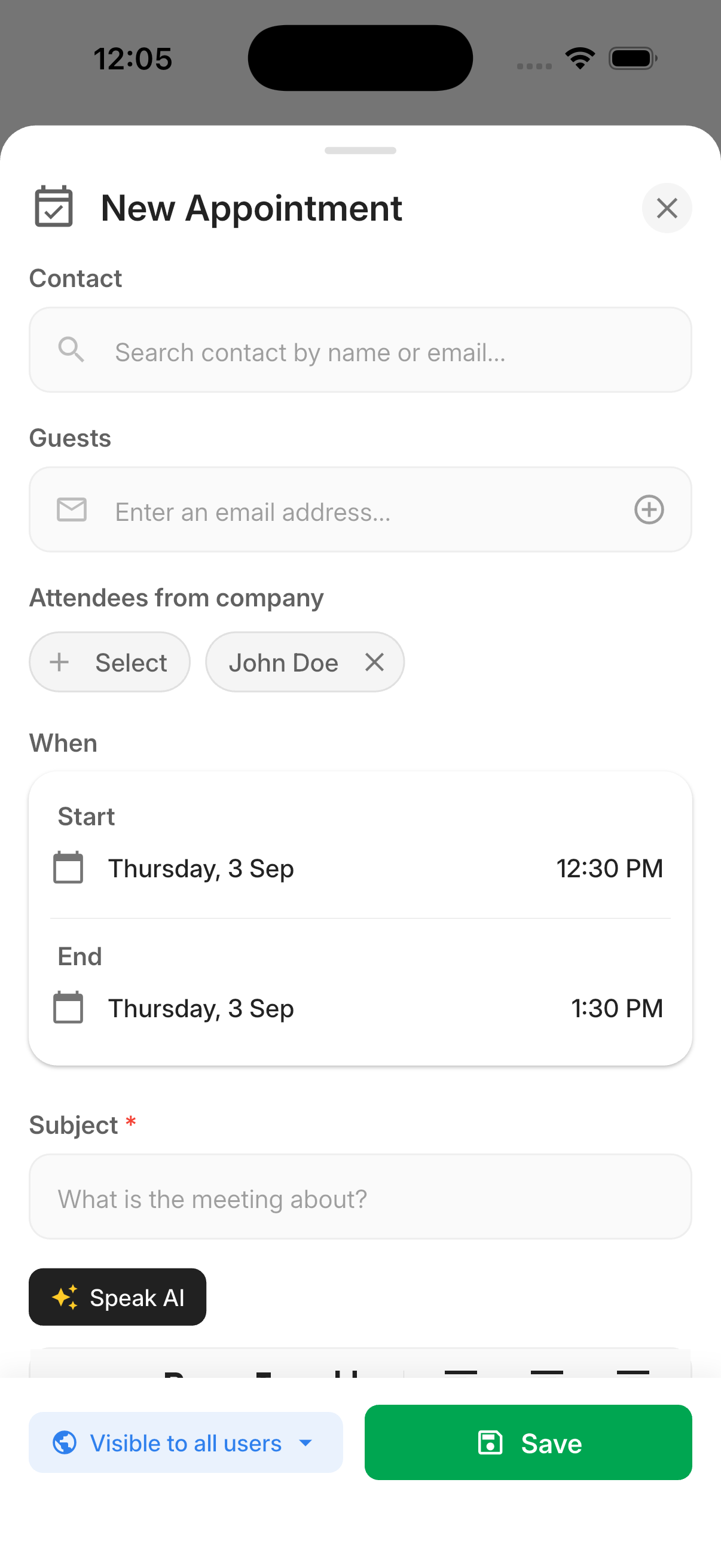New Appointment sheet in the LeadCenter mobile app showing contact, guests, company attendees, schedule, and subject fields