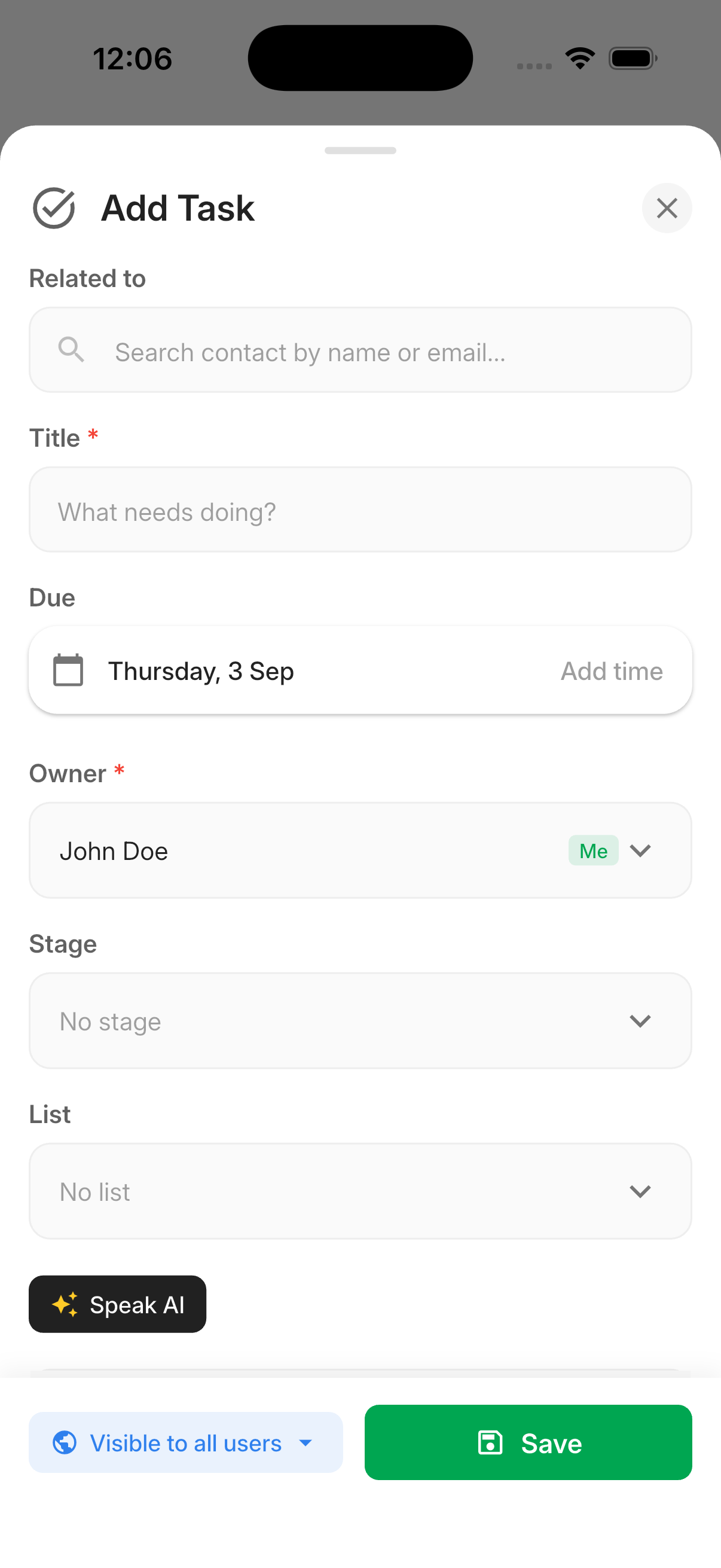 Add Task sheet in the LeadCenter mobile app showing title, due date, owner, stage, and list fields