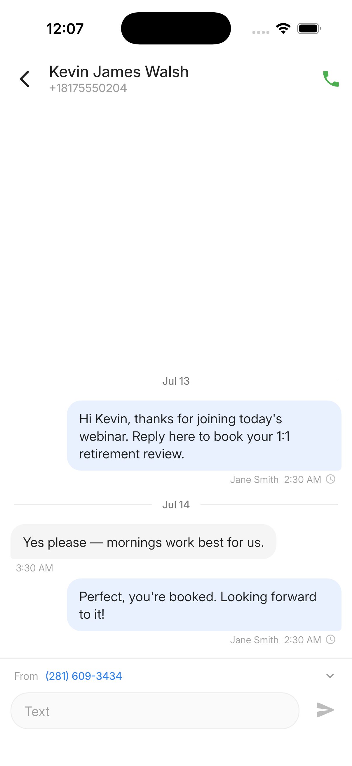 LeadCenter mobile text conversation showing sent and received messages and the From row above the composer