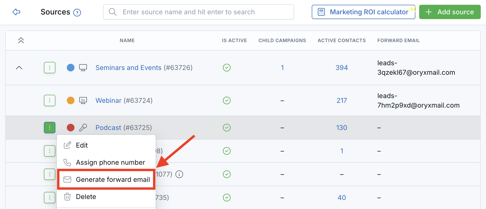 Sources page with a row menu open showing Generate forward email, and addresses in the Forward email column