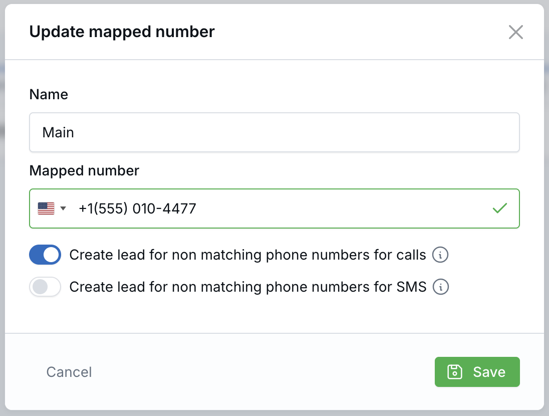 Update mapped number window with contact creation enabled for calls and disabled for SMS