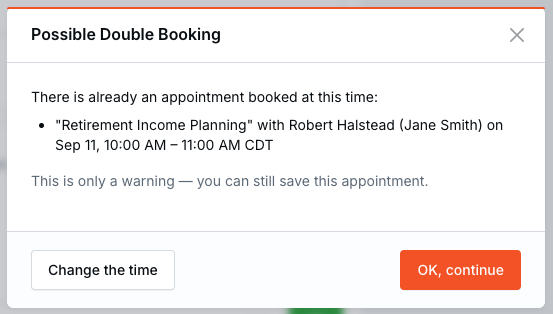 Possible Double Booking warning listing the conflicting appointment's title, contact, host calendar and time, with Change the time and OK, continue buttons.