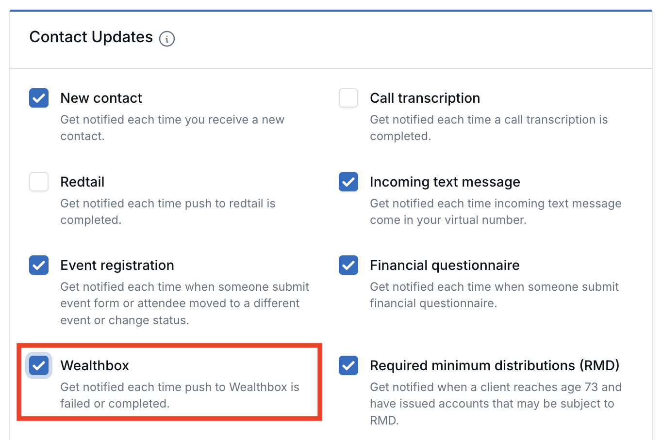 The Contact Updates section of Notification preferences, with the Wealthbox option highlighted alongside its checkbox and description.