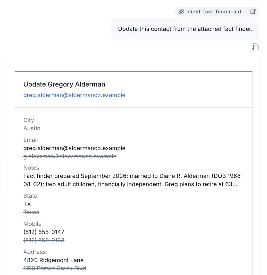 An update card in Troy AI showing proposed values next to crossed-out current values for email, state, mobile, and address.