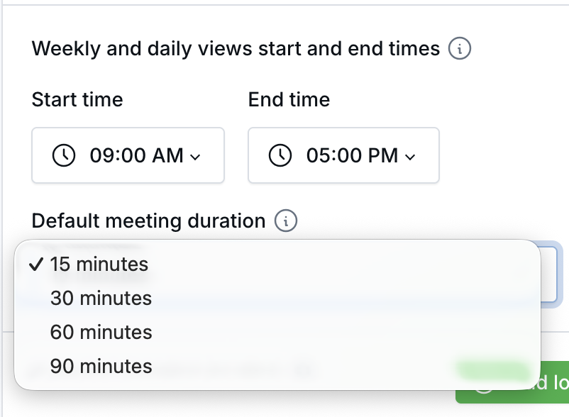 The Basic details section of Calendar Settings showing the Default meeting duration dropdown open, with 15, 30, 60, and 90 minute options.