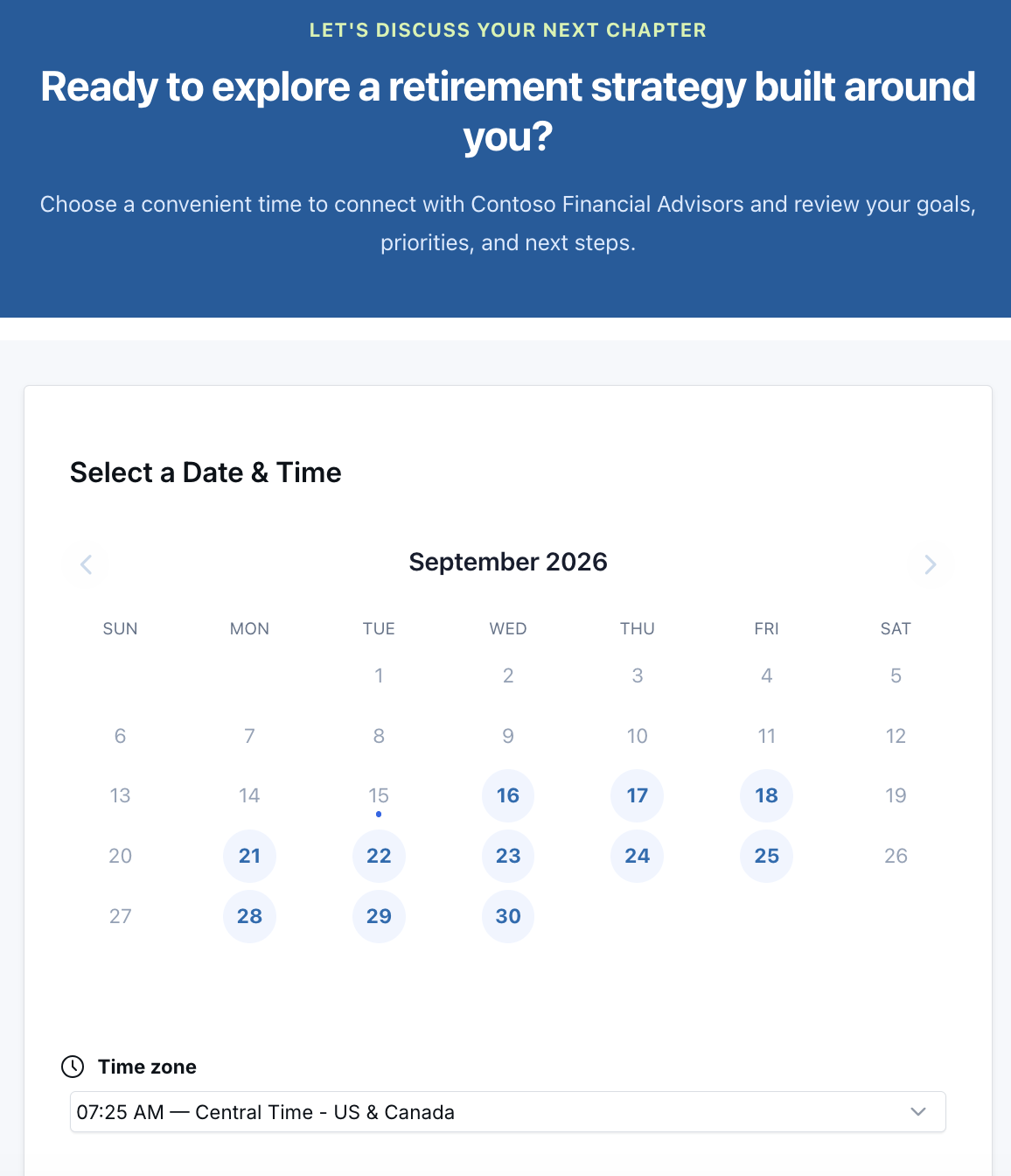 An embedded BookMyTime calendar on a Contoso Financial Advisors landing page, showing the date and time picker with no BookMyTime header, branding, or footer visible.