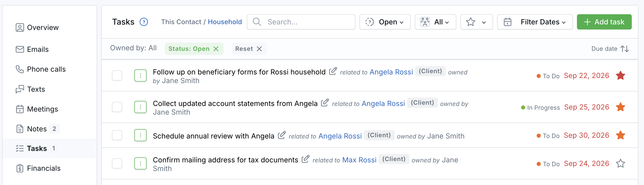 The Household view of the Tasks tab showing four open tasks across two family members, each linked to the person it belongs to.