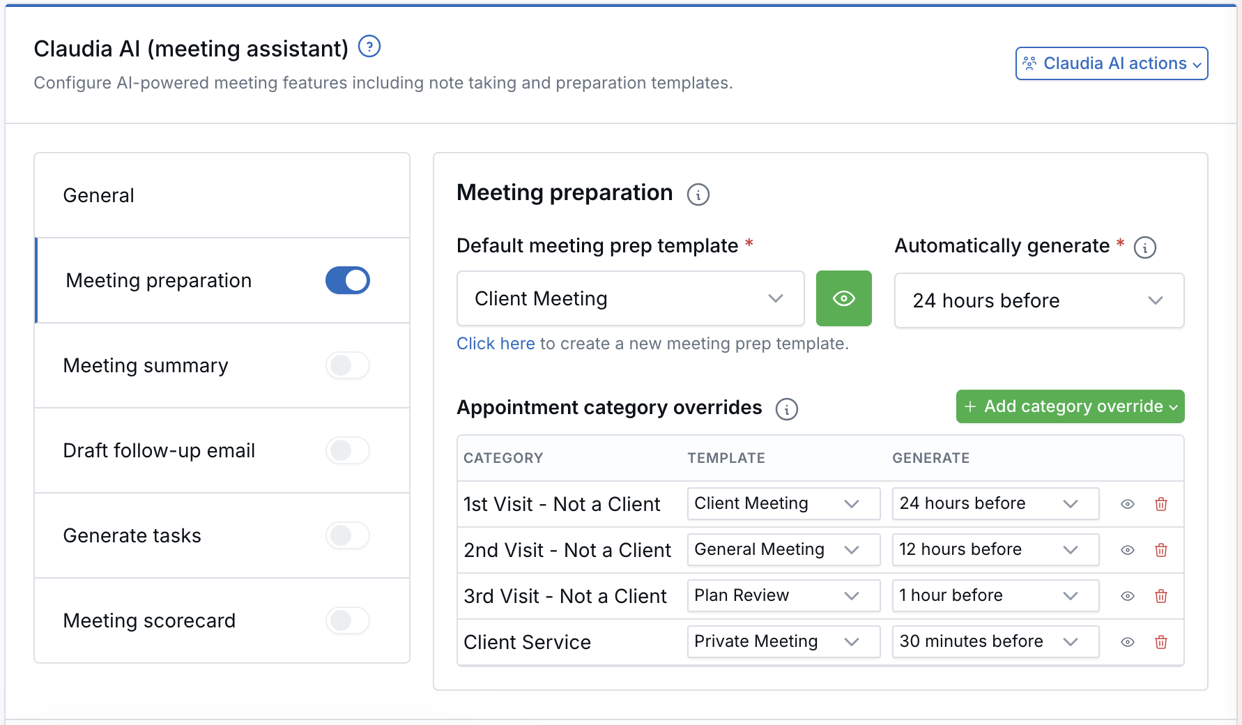 The redesigned Claudia AI settings panel showing the Meeting preparation section selected, with a default template and four appointment categories using their own templates listed in a table.