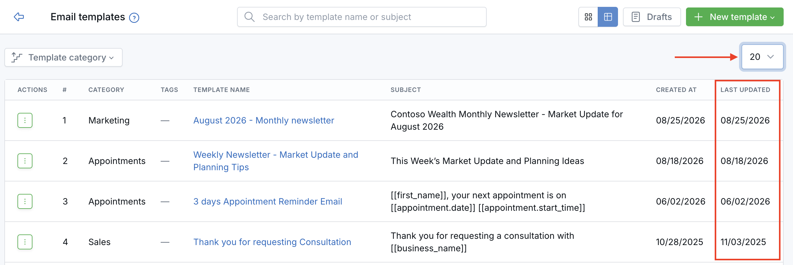 Email templates in table view, with the page-size selector and the Last Updated column highlighted.