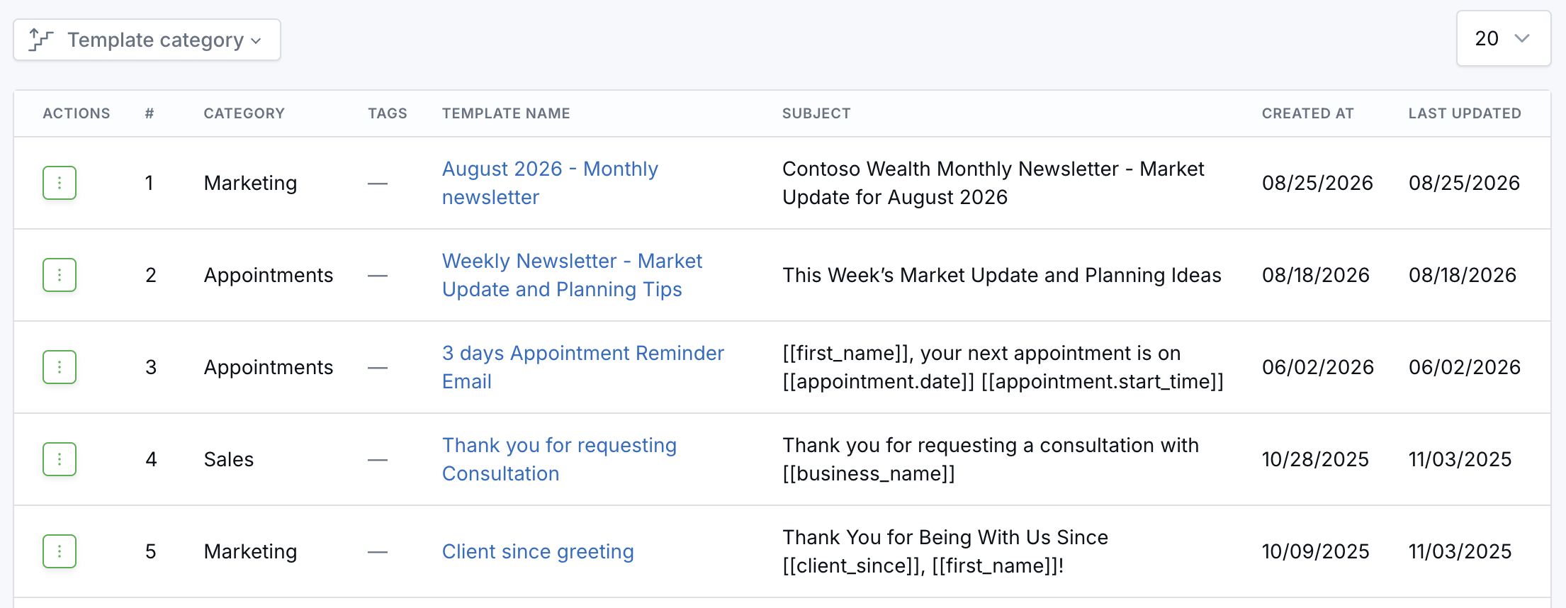 Email templates table view showing the Created At and Last Updated columns.