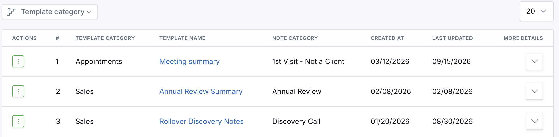 Note templates table view showing the Created At and Last Updated columns.