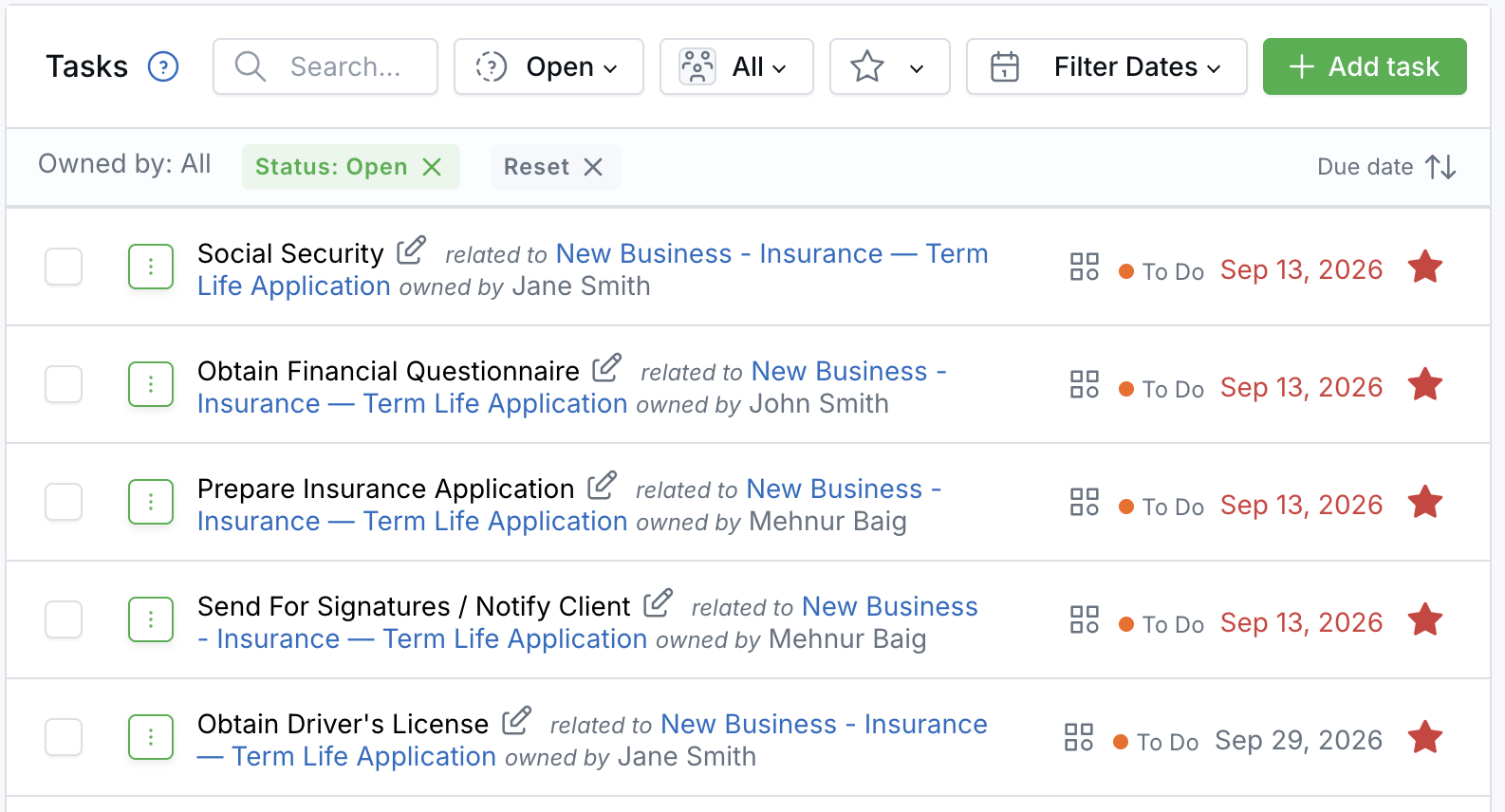 Task list showing the 'Obtain Driver's License' task related to New Business - Insurance — Term Life Application