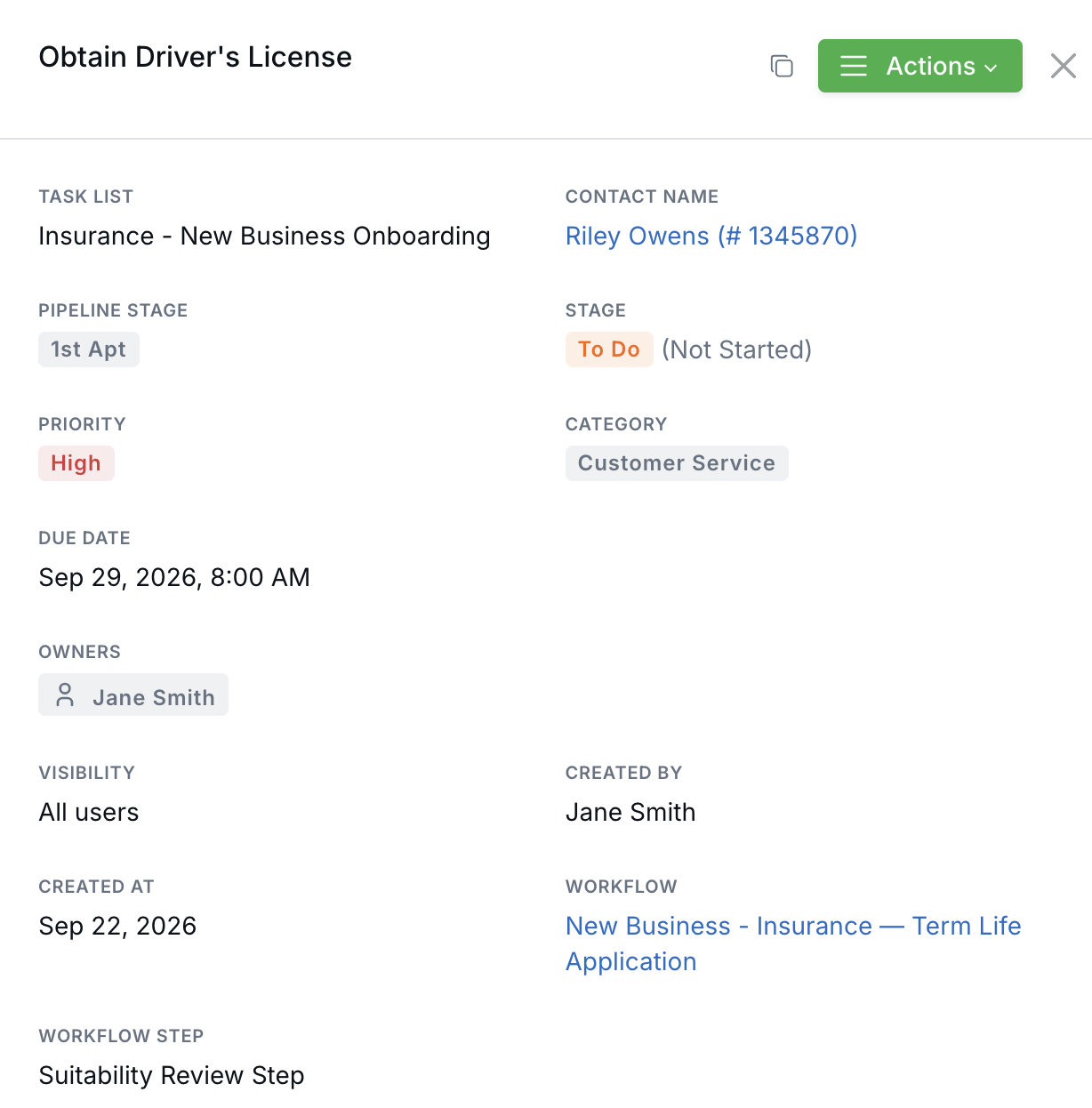 Task details panel for 'Obtain Driver's License' with the Workflow field reading New Business - Insurance — Term Life Application