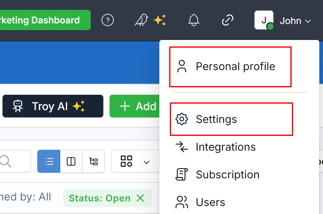 The menu under your name in the top-right corner, with Personal profile and Settings highlighted