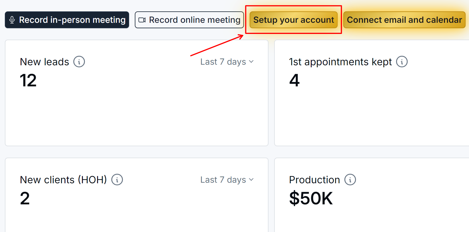 The Home dashboard with the Setup your account button highlighted