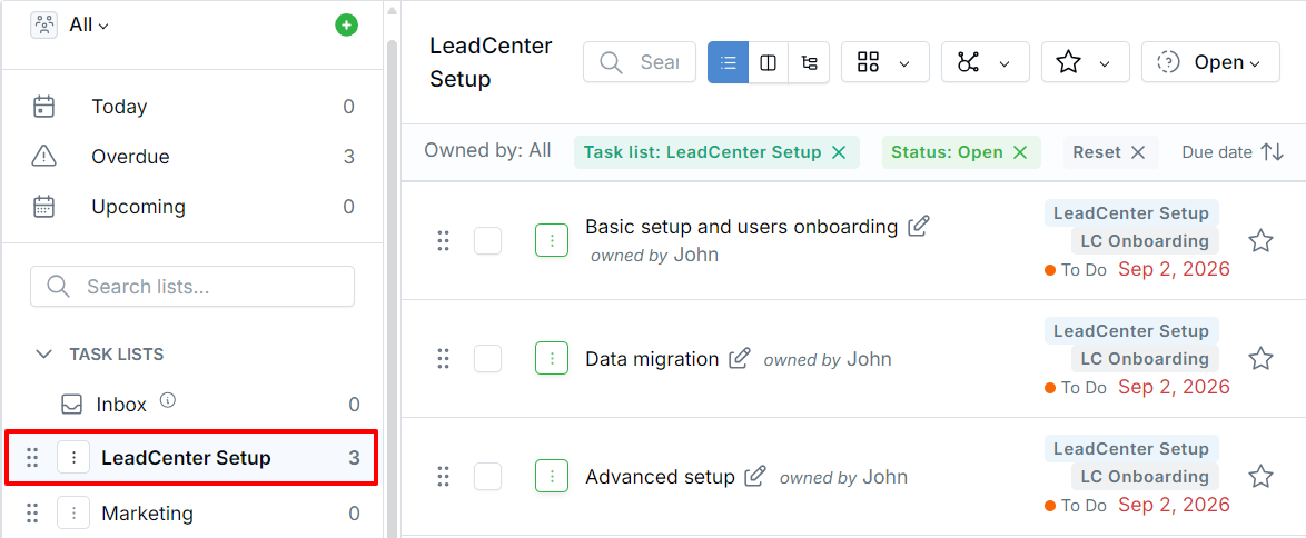 The LeadCenter Setup task list with three tasks: Basic setup and users onboarding, Data migration, and Advanced setup