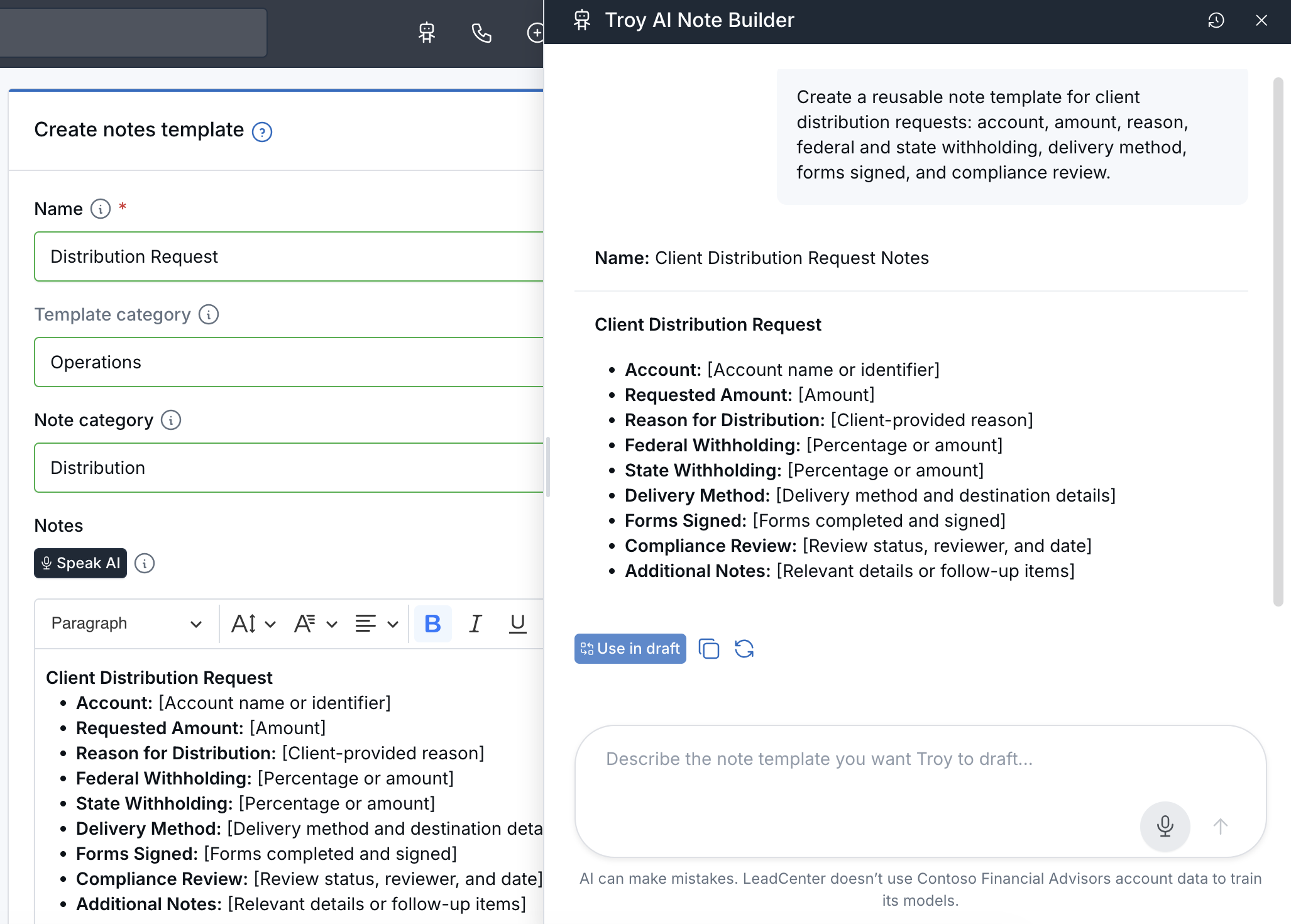 Note template editor with the Troy AI Note Builder panel showing a generated distribution request template