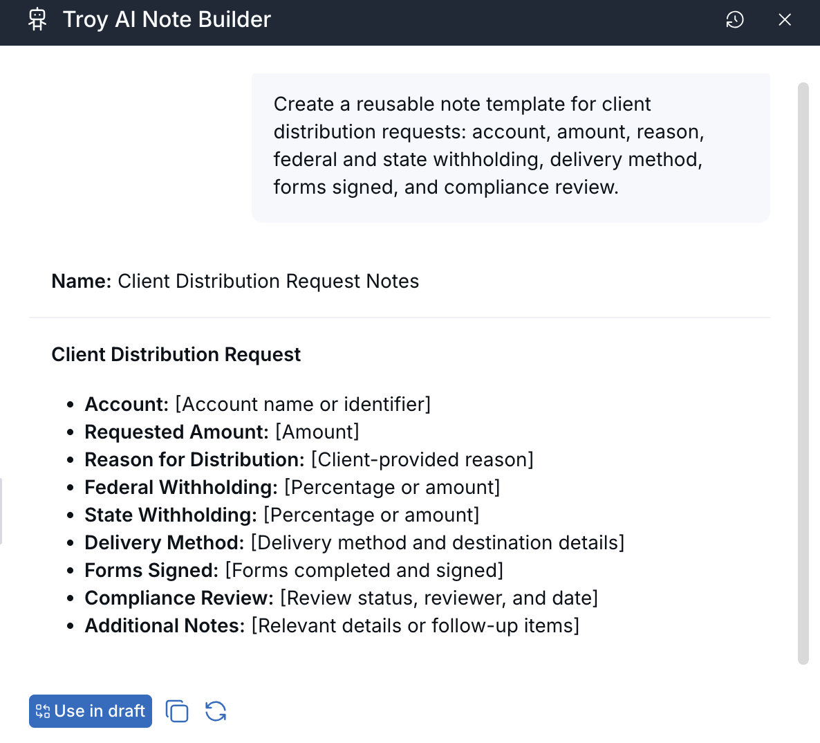 Troy AI Note Builder panel with a prompt, a generated distribution request template, and the Use in draft button