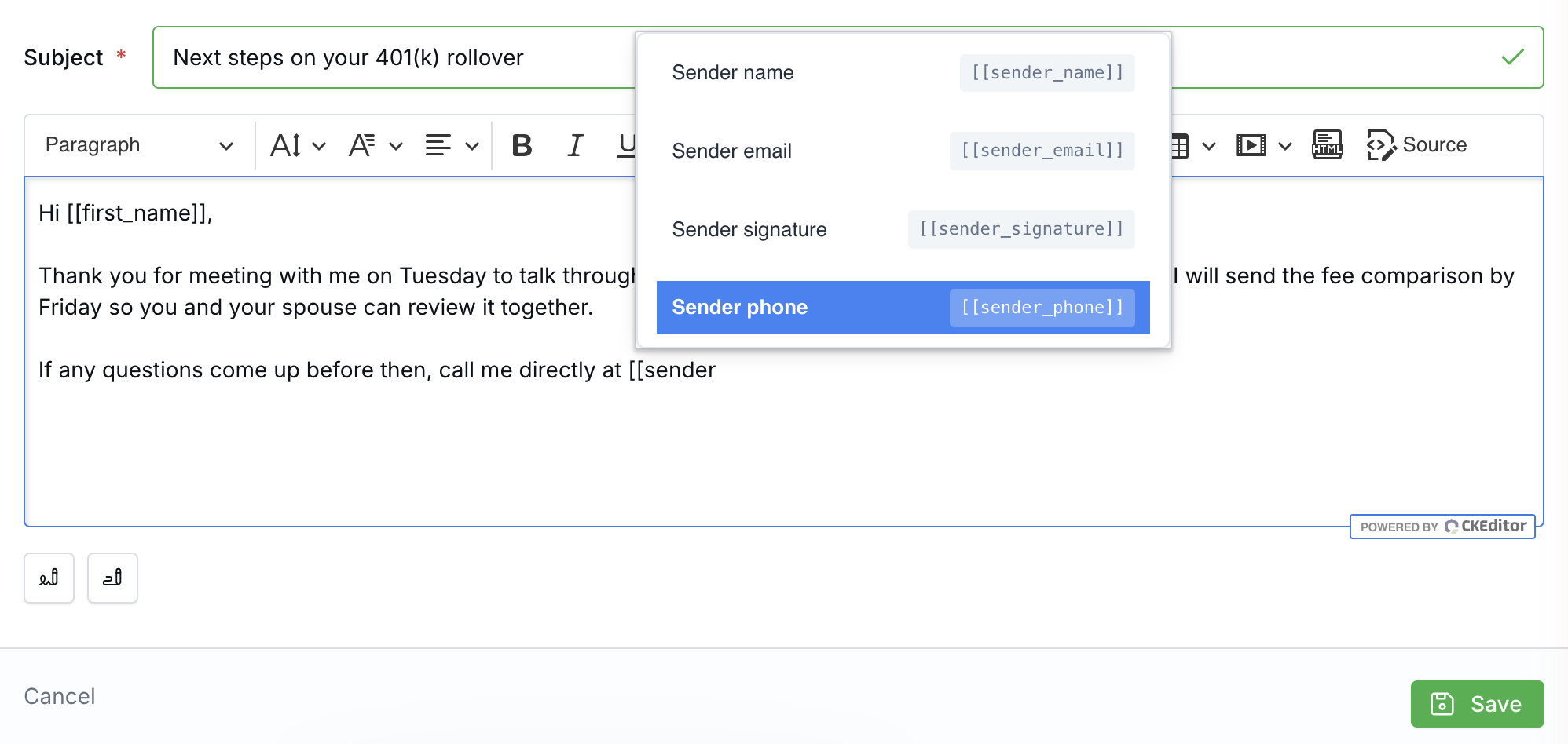 Email template editor with the shortcode autocomplete list open and Sender phone selected