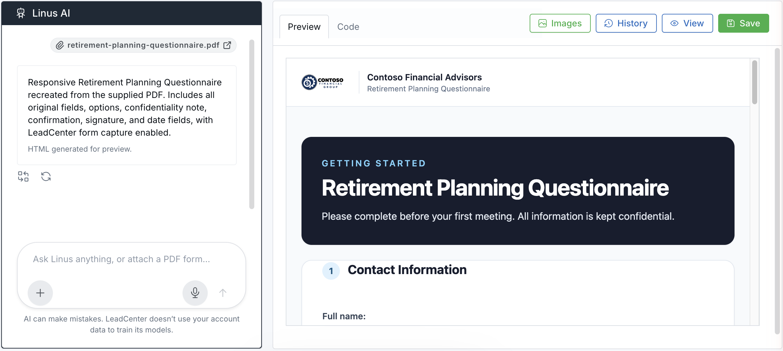 Linus AI panel showing an attached retirement planning questionnaire PDF beside the online form Linus created from it